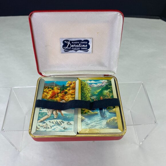 Vintage Duratone 2 Deck Playing Cards Hard Case Fishing - Picture 1 of 9